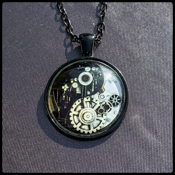 5/$25 Steampunk cat or b&w ying yang gears resin glass pendant necklace new - Picture 4 of 6